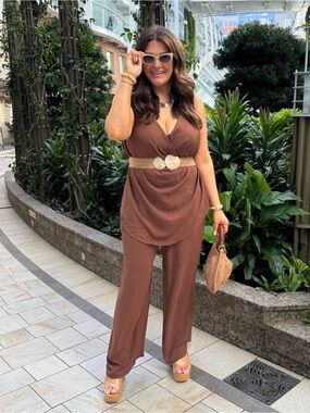 Cowl Neck Sleeveless Halter Tops and Wide Leg Pant Set